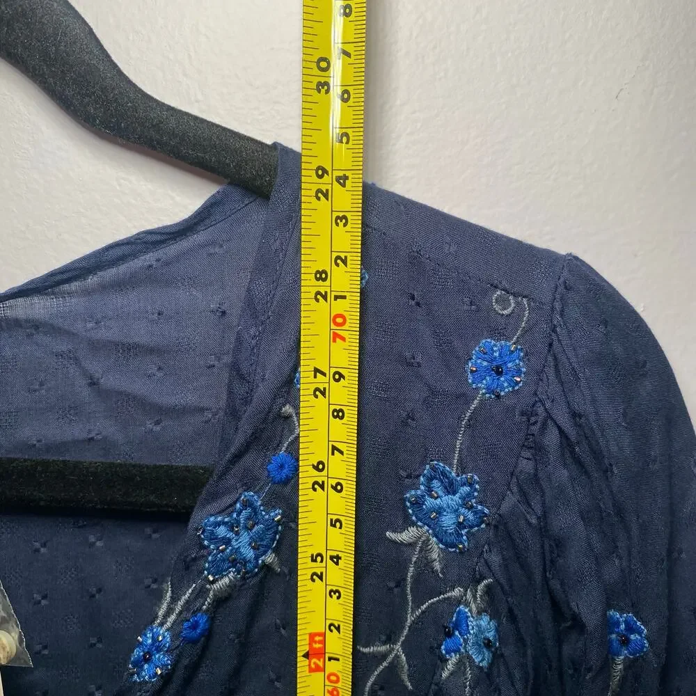 NWT Free People Navy Blue Floral Embroidered Beaded Flowy Blouse Women's Small